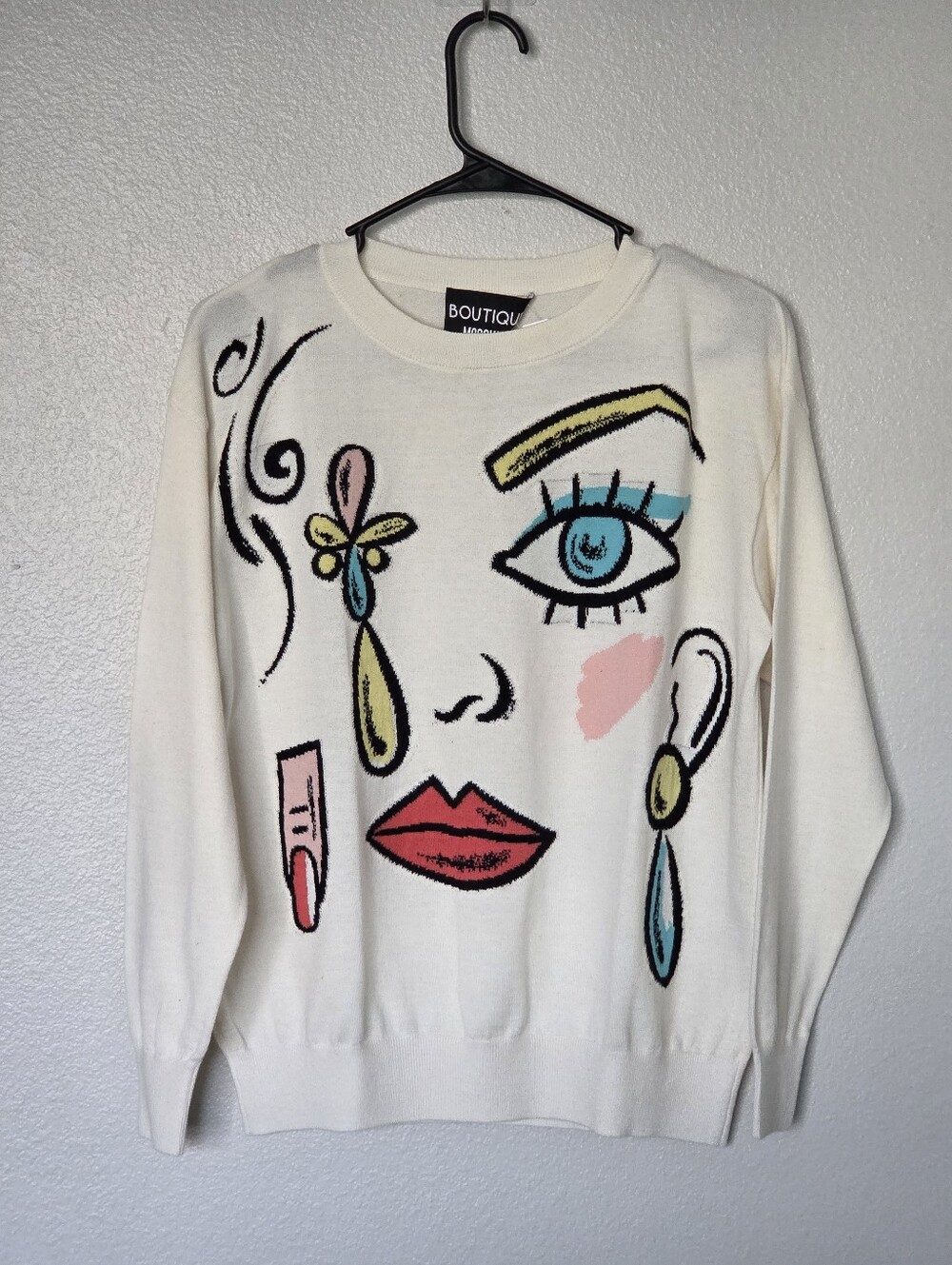 Boutique Moschino Wool Face Sweater Graphic Knit Pop Art Made in Italy NWOT Rare